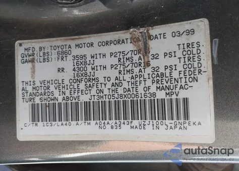 1999 Toyota Land Cruiser из США, поврежденный, VIN JT3HT05J8X0061638